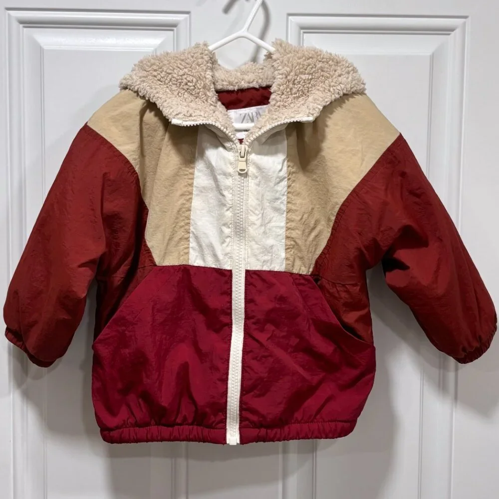 Zara Colorblock Hooded Jacket in White, Beige, Burgundy & Red